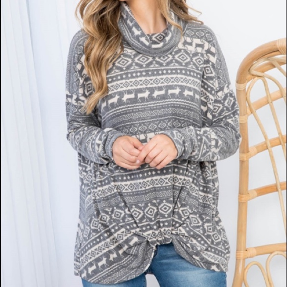 Reindeer Print Long Sleeve Tunic Cowl Neck Front knot top - Picture 1 of 11